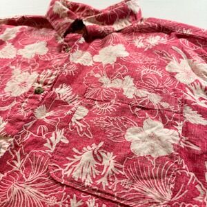 Croft & Barrow Men XL Red Hibiscus Floral Linen Cotton Short Sleeve Button Shirt